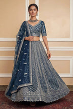 Navy Net Lehenga with Embroidery for Wedding Wear fabric texture detail