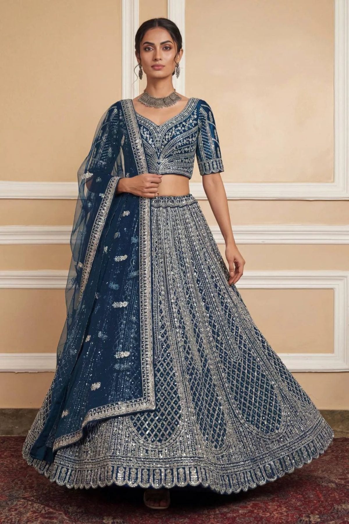 Navy Net Lehenga with Embroidery for Wedding Wear fabric texture detail