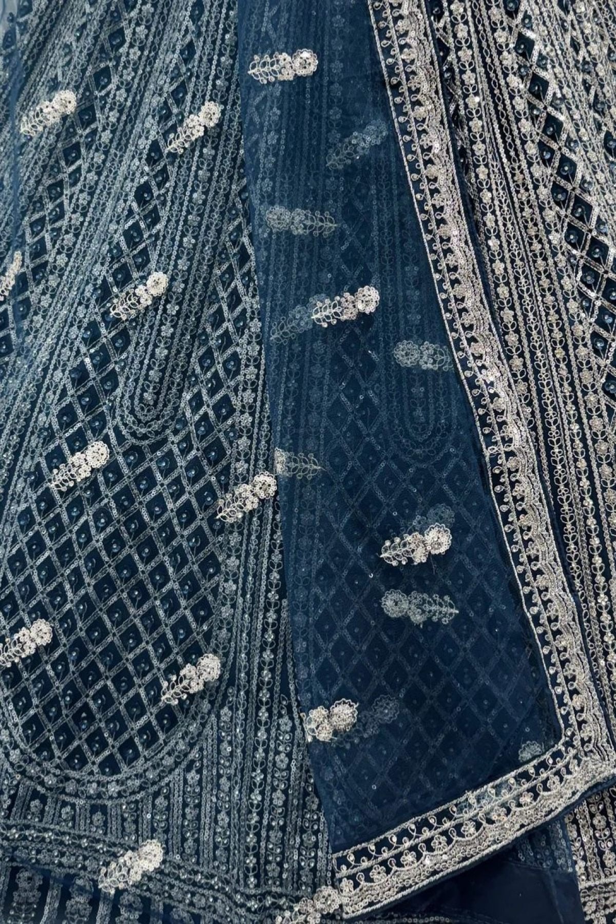 Navy Net Lehenga with Embroidery for Wedding Wear back view