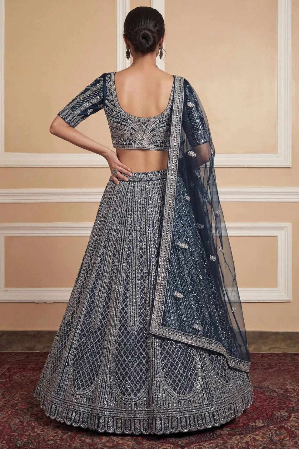 Navy Net Lehenga with Embroidery for Wedding Wear colour variant view