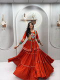 Orange Navratri Gamthi Work Cotton Lehenga Choli with Koti and 9 Meter Flair for women | Snyvia