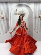 Orange Navratri Gamthi Work Cotton Lehenga Choli with Koti and 9 Meter Flair for women | Snyvia