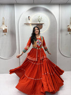 Marron Navratri Gamthi Work Cotton Lehenga Choli with Koti and 9 Meter Flair full drape view