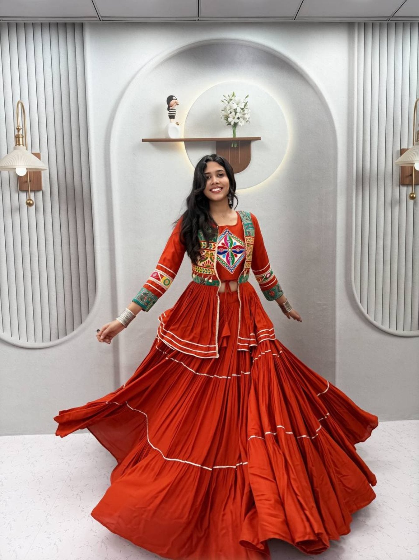 Marron Navratri Gamthi Work Cotton Lehenga Choli with Koti and 9 Meter Flair full drape view