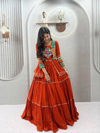 Blue Navratri Gamthi Work Cotton Lehenga Choli with Koti and 9 Meter Flair blouse and dupatta detail