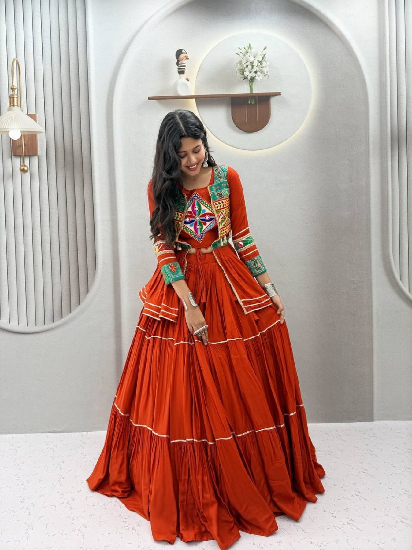 Blue Navratri Gamthi Work Cotton Lehenga Choli with Koti and 9 Meter Flair blouse and dupatta detail