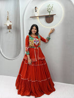 Navratri Gamthi Work Cotton Lehenga Choli with Koti and 9 Meter Flair fabric texture detail