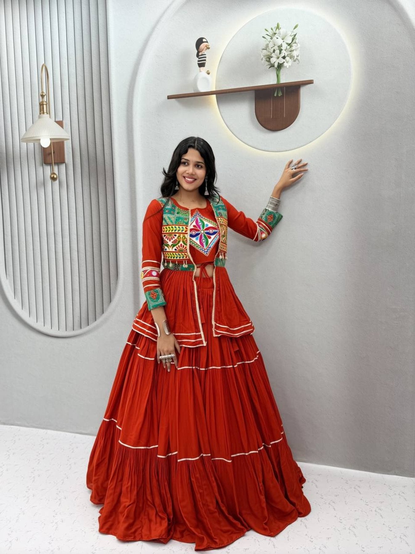 Navratri Gamthi Work Cotton Lehenga Choli with Koti and 9 Meter Flair fabric texture detail