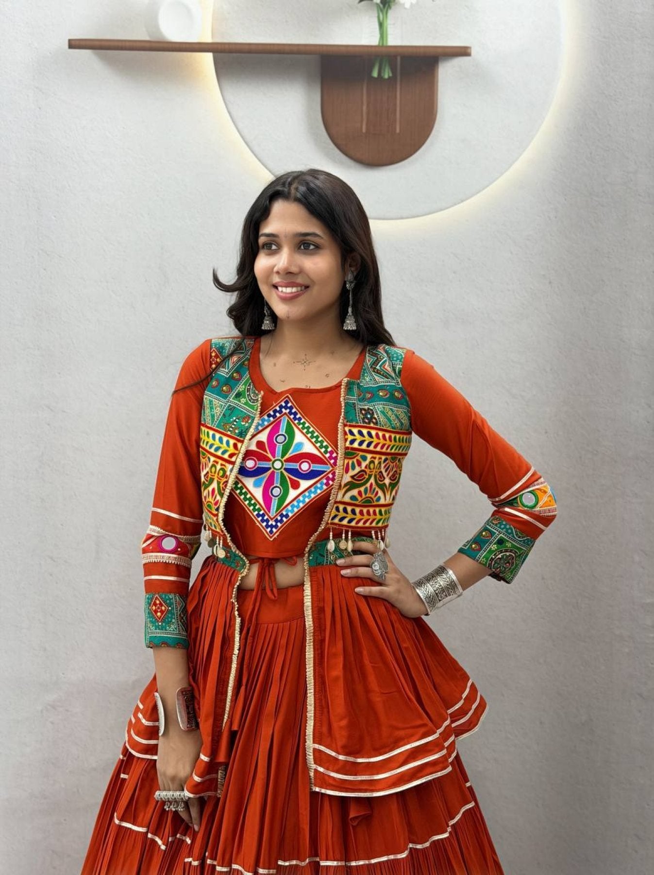 Navratri Gamthi Work Cotton Lehenga Choli with Koti and 9 Meter Flair back view