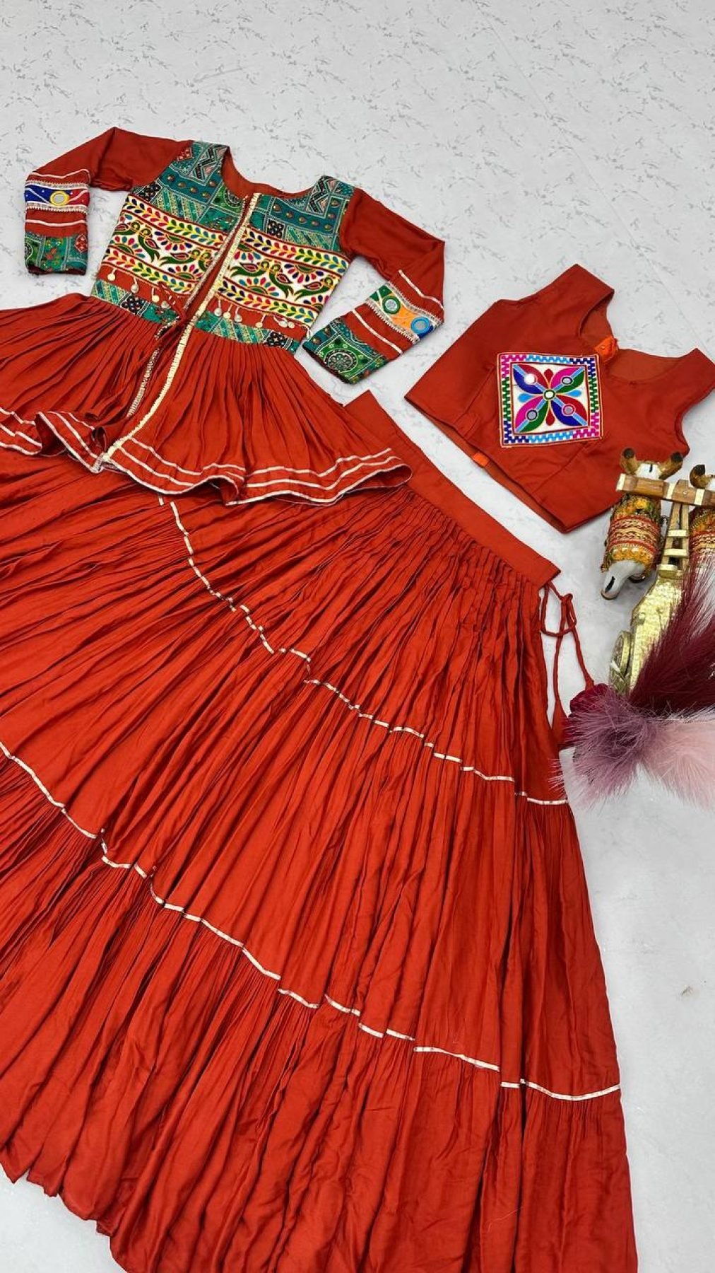 Navratri Gamthi Work Cotton Lehenga Choli with Koti and 9 Meter Flair styling view