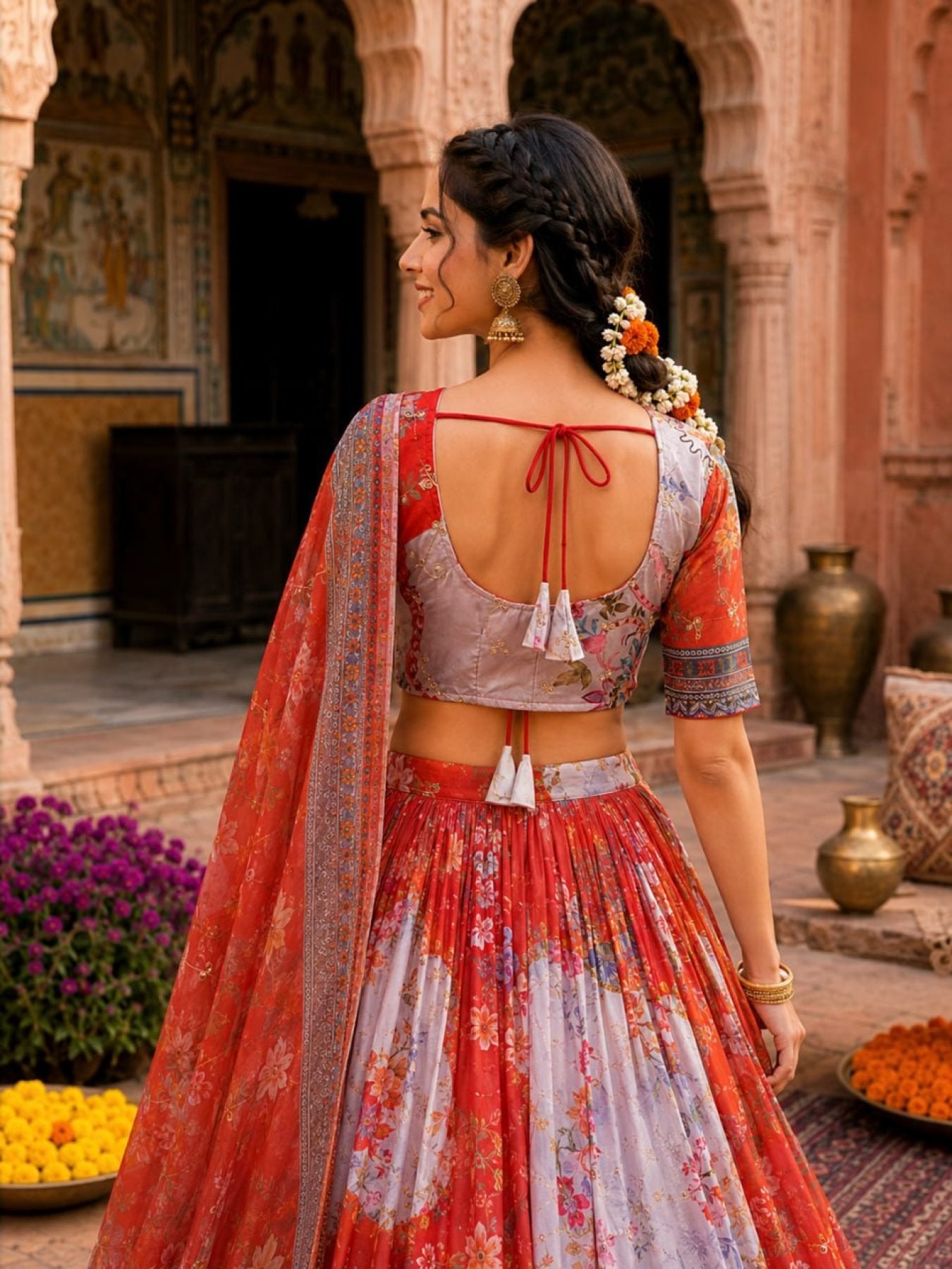 Tabby Silk Lehenga Set with Rich Digital Print and Embroidered Dupatta blouse and dupatta detail