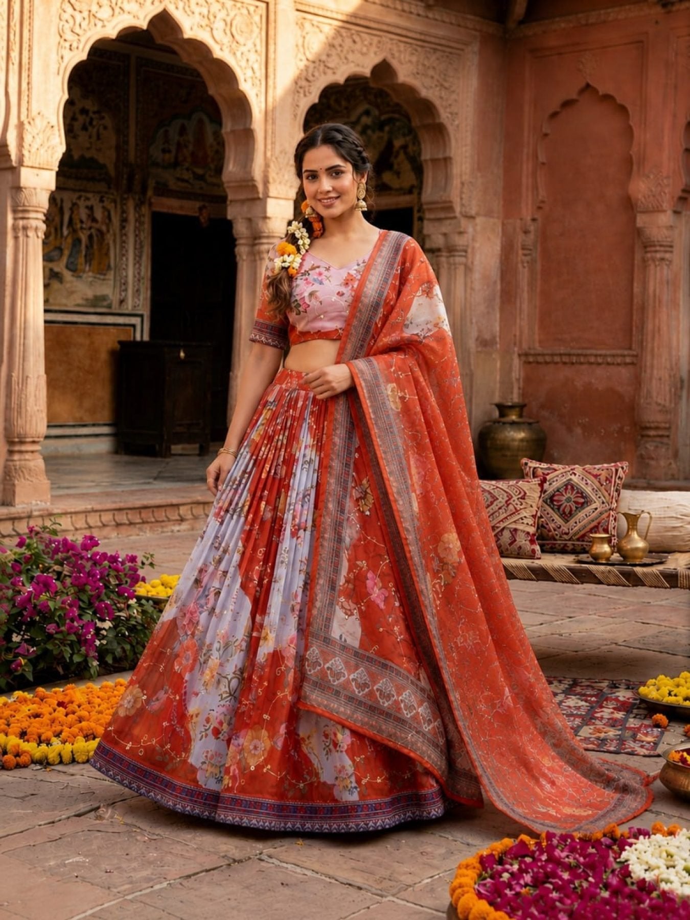 Tabby Silk Lehenga Set with Rich Digital Print and Embroidered Dupatta embroidery close-up