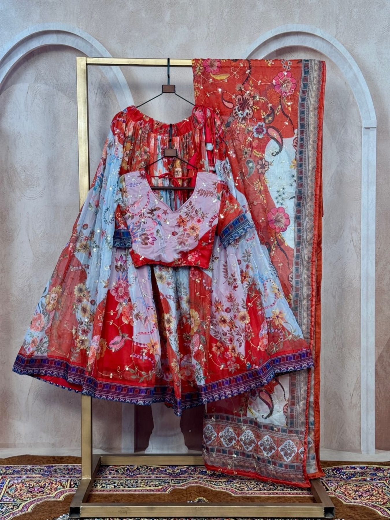 Tabby Silk Lehenga Set with Rich Digital Print and Embroidered Dupatta fabric texture detail