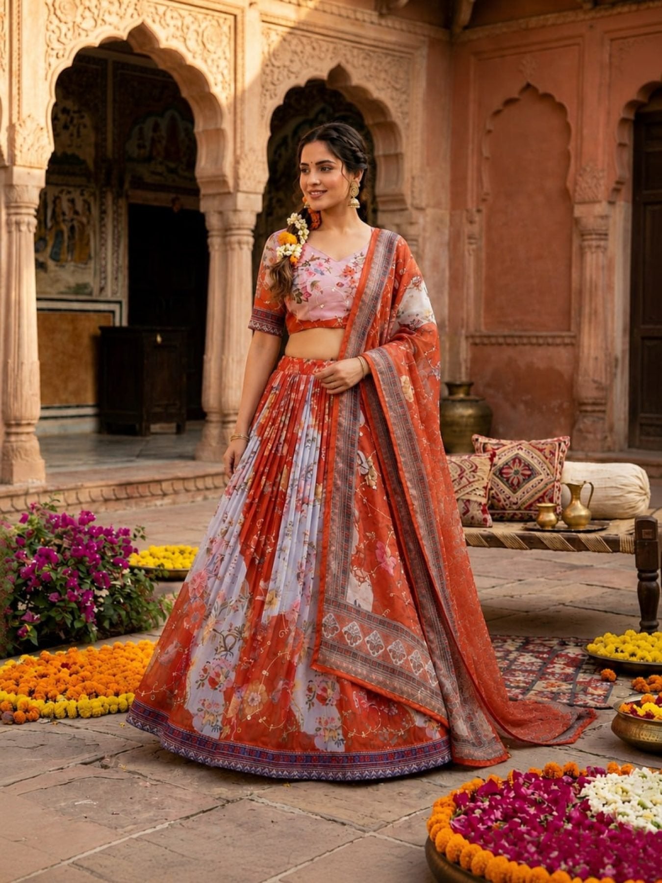 Tabby Silk Lehenga Set with Rich Digital Print and Embroidered Dupatta back view