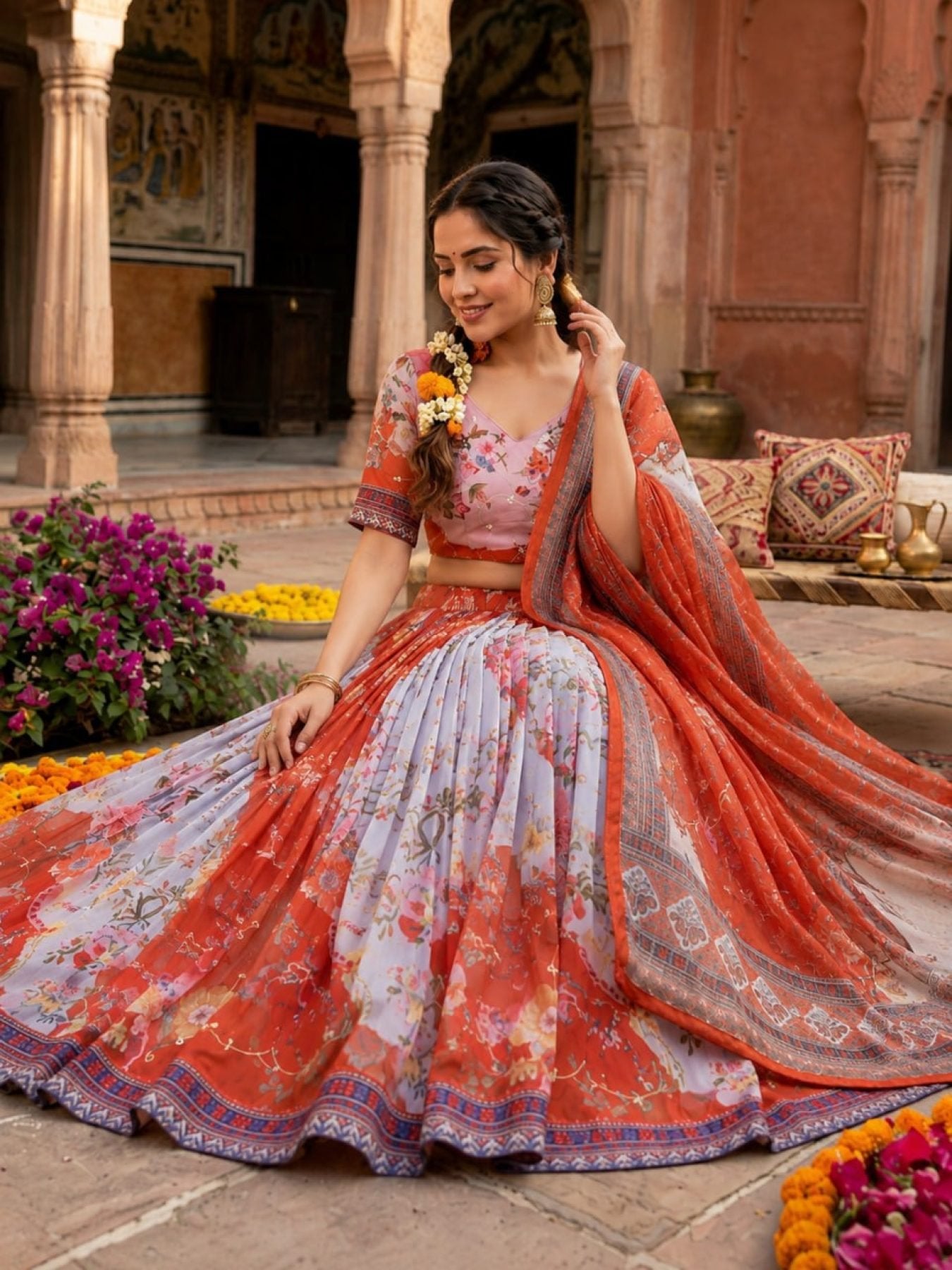 Tabby Silk Lehenga Set with Rich Digital Print and Embroidered Dupatta styling view