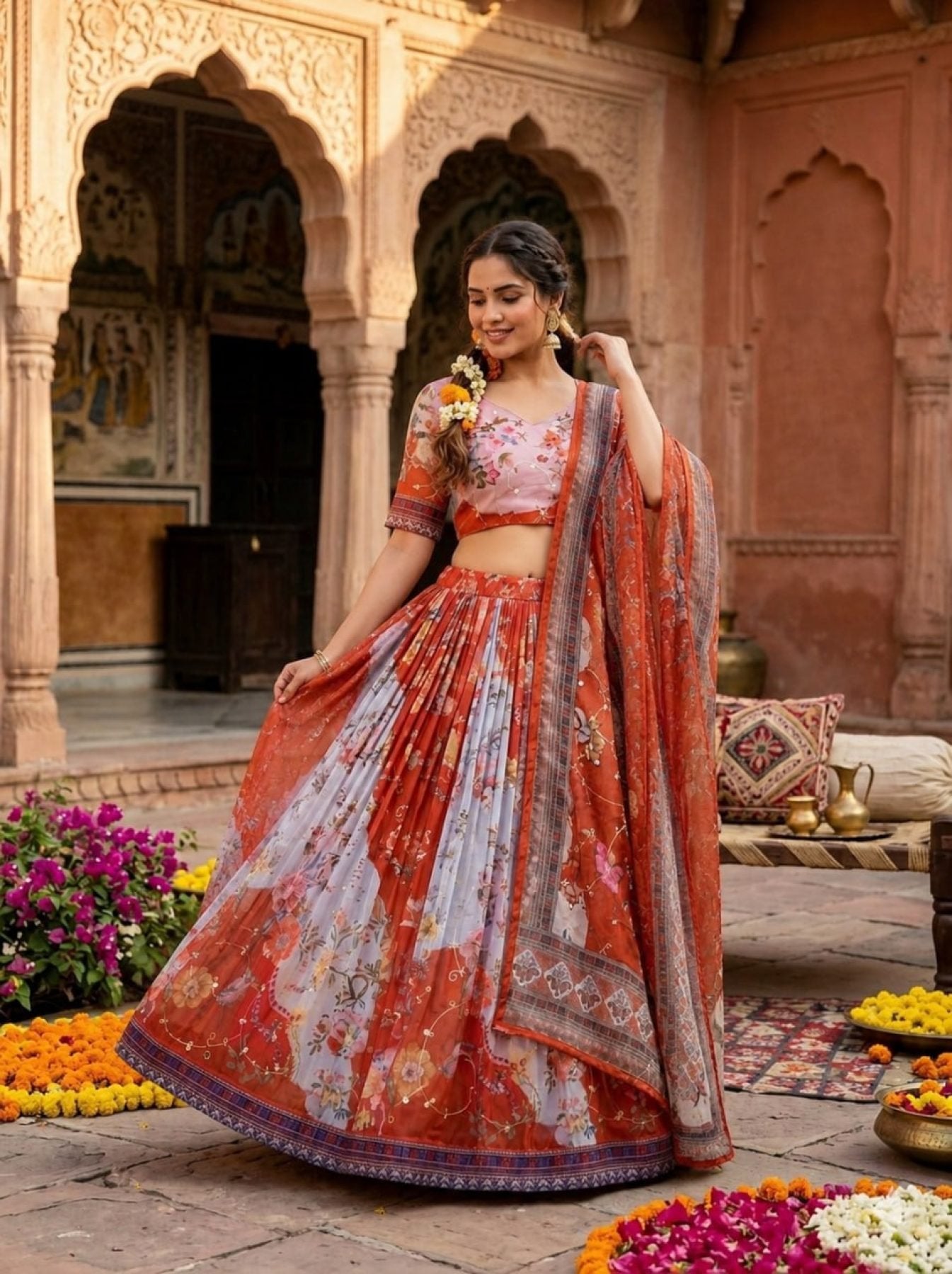 Tabby Silk Lehenga Set with Rich Digital Print and Embroidered Dupatta full drape view