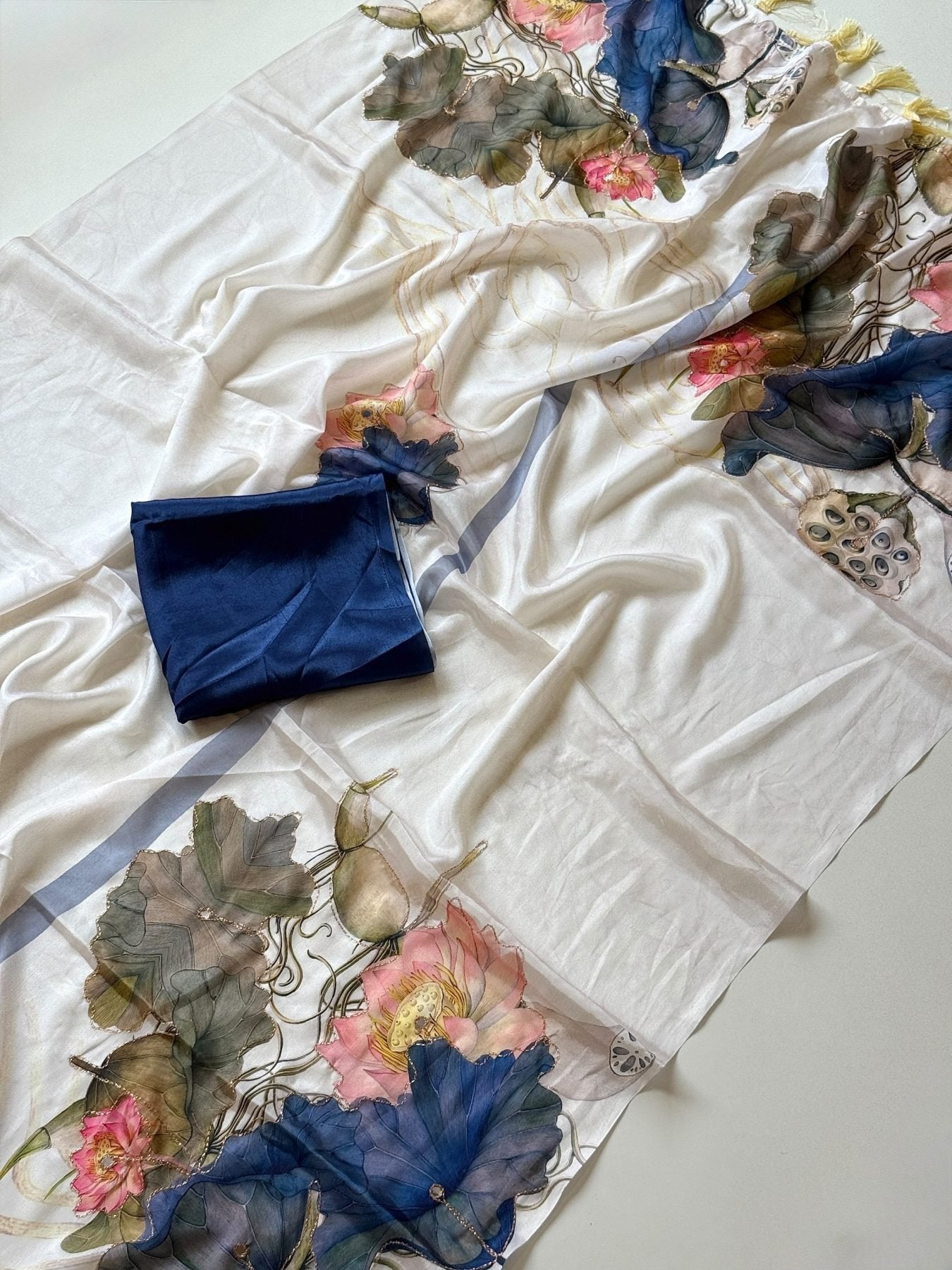 White Chinon Saree - side drape view