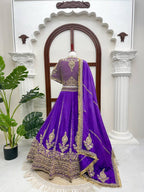 Purple Janhvi Kapoor wears Vichitra Silk Lehenga Choli with Coding Dori Work embroidery close-up