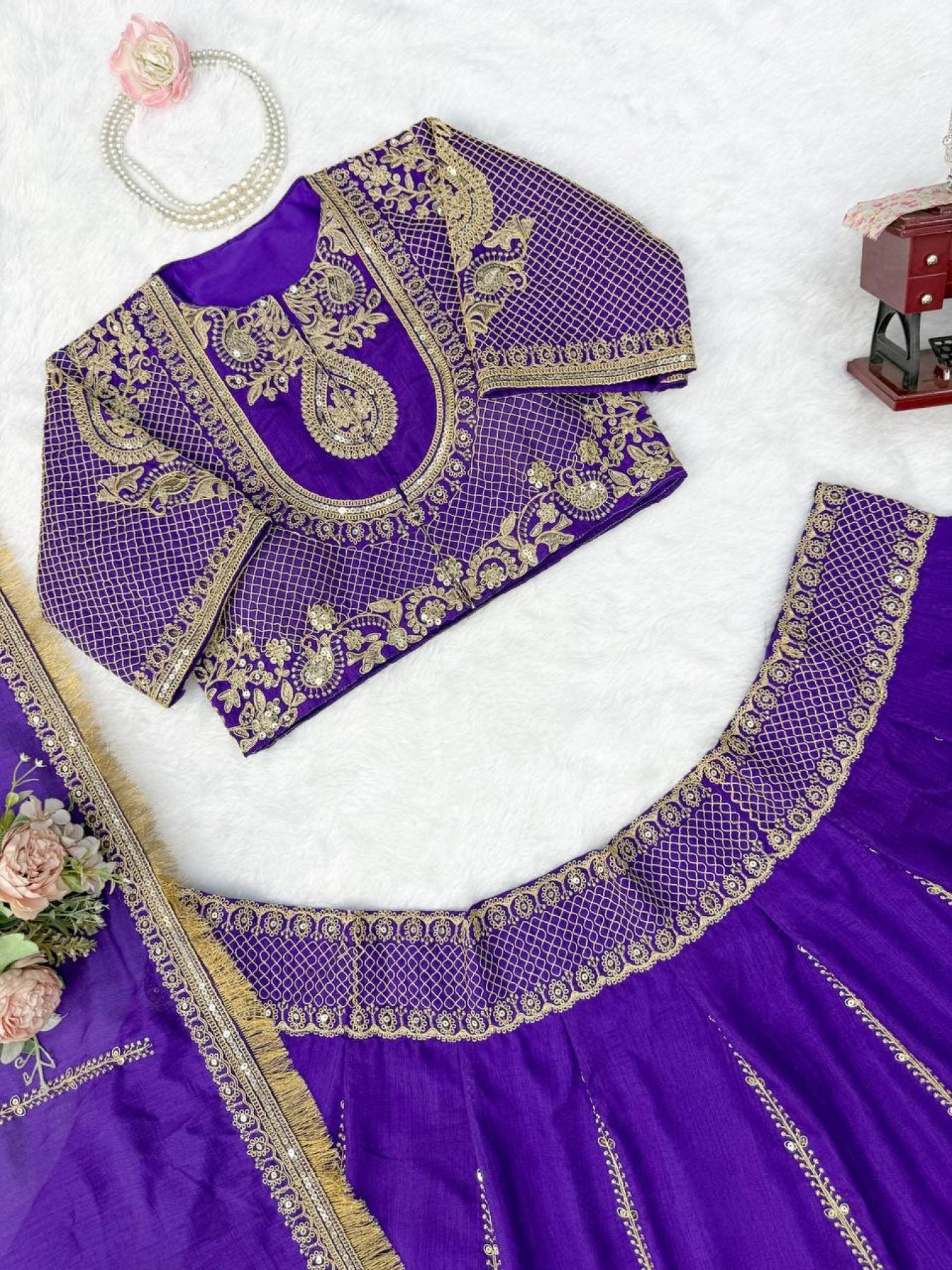 Purple Janhvi Kapoor wears Vichitra Silk Lehenga Choli with Coding Dori Work front view