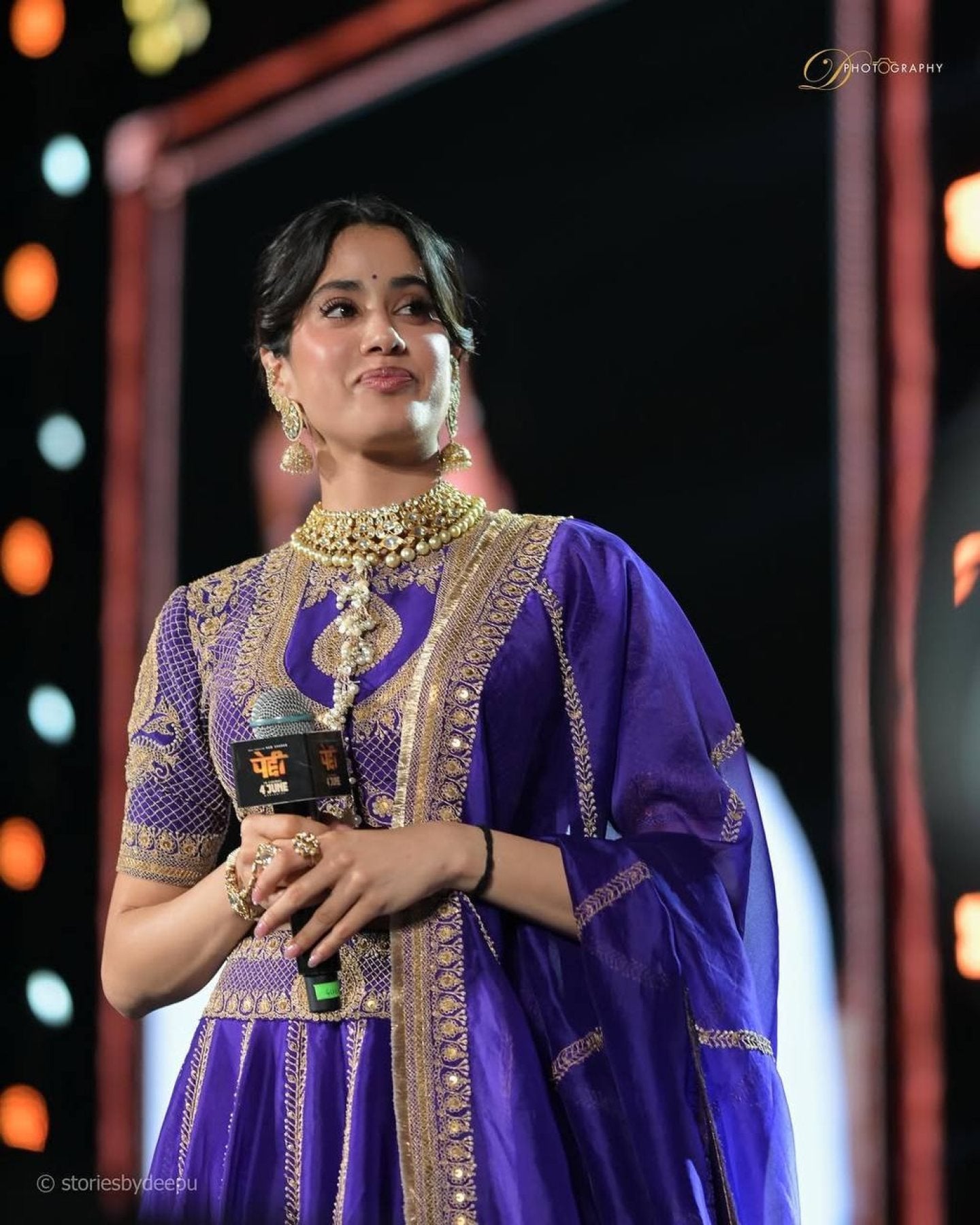 Purple Janhvi Kapoor wears Vichitra Silk Lehenga Choli with Coding Dori Work embroidery close-up