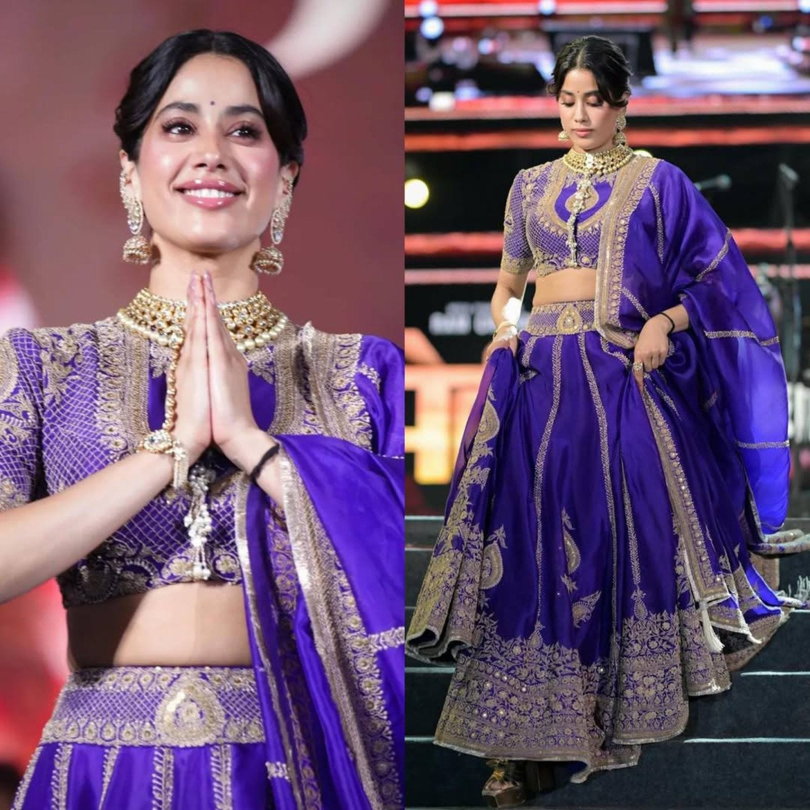 Purple Janhvi Kapoor wears Vichitra Silk Lehenga Choli with Coding Dori Work styling view
