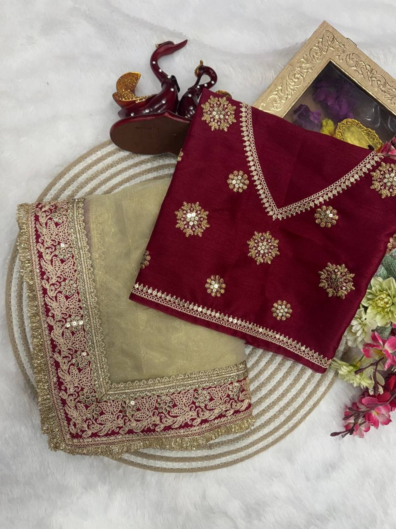 Golden Net Saree - side drape view