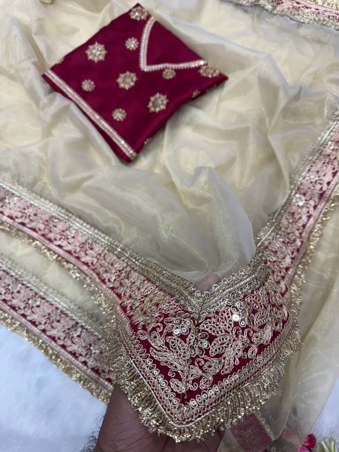 Golden Net Saree - Embroidery embroidery work detail