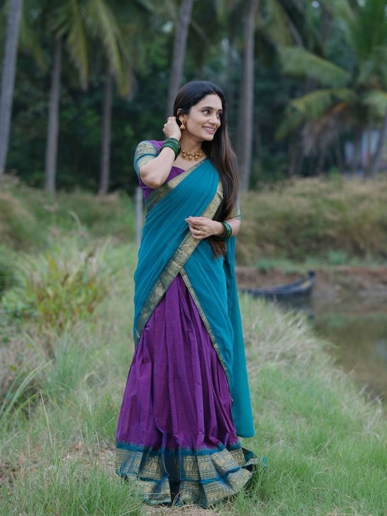 Half Saree Lehenga with Kanchi Cotton for Traditional Wear full drape view
