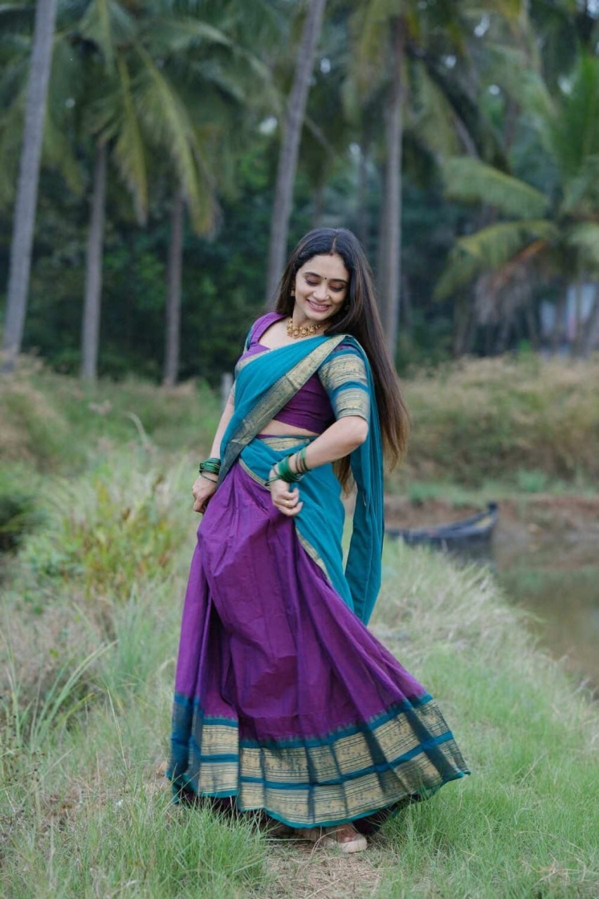 Half Saree Lehenga with Kanchi Cotton for Traditional Wear blouse and dupatta detail