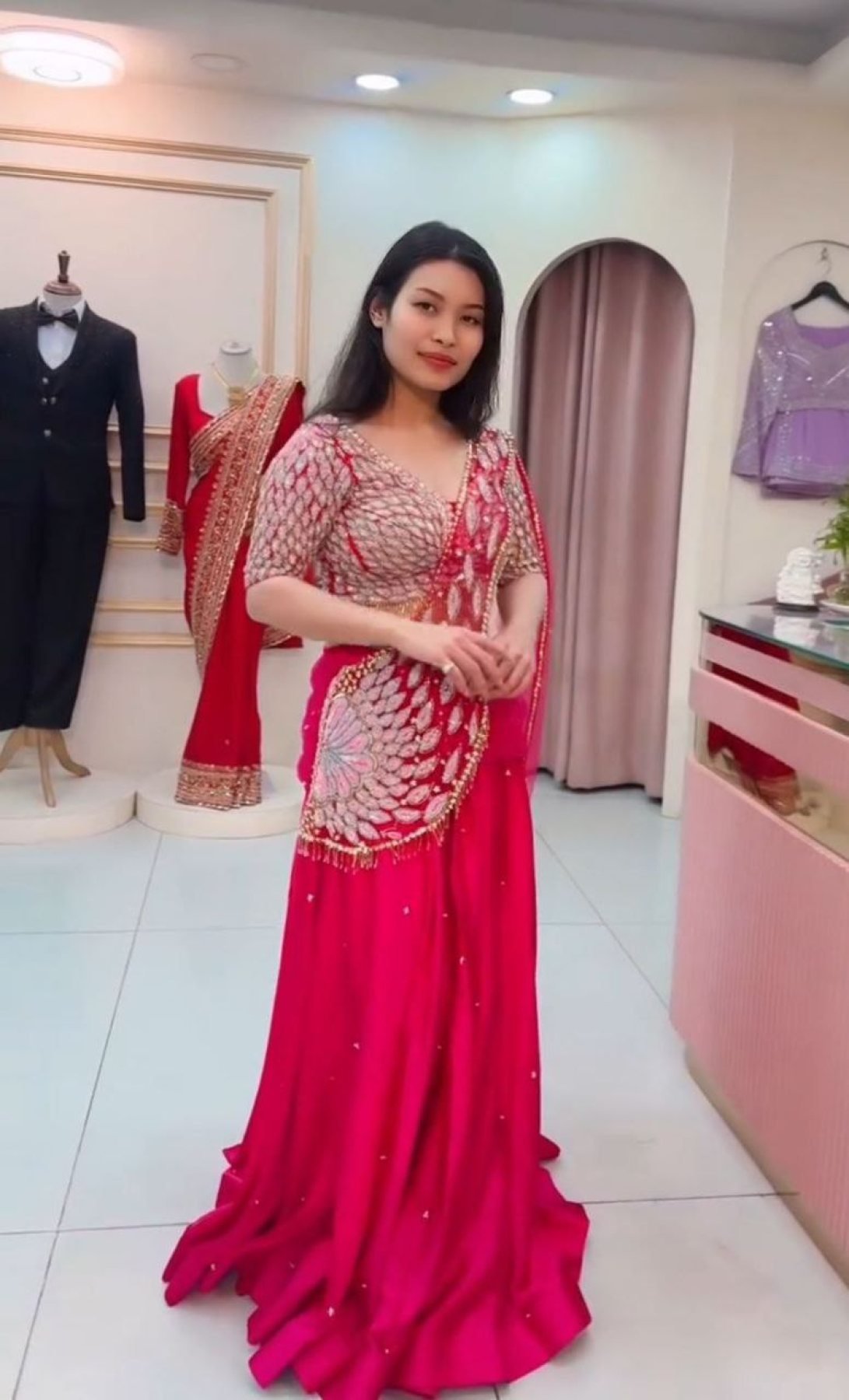Crepe Lehenga Saree with Heavy Embroidery for Wedding Wear full drape view