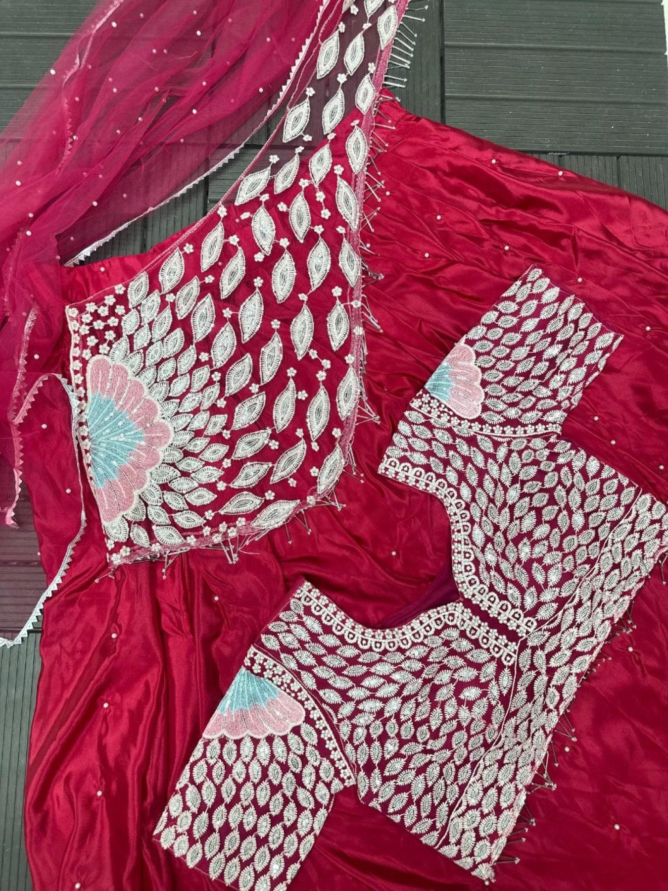 Crepe Lehenga Saree with Heavy Embroidery for Wedding Wear back view