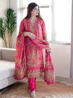 Satin Fabric with print & work and with Dupatta Plus Size Kurti set for women | Snyvia