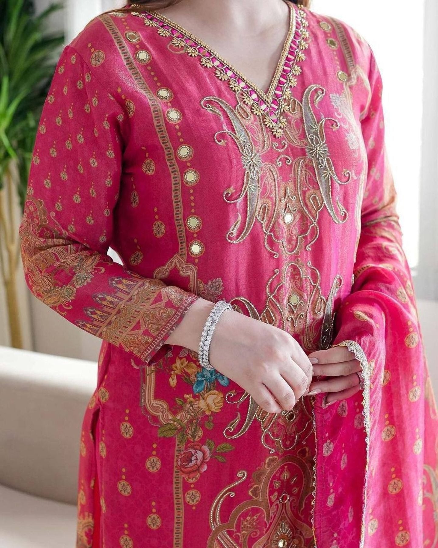 Satin Fabric with print & work and with Dupatta Plus Size Kurti set full set view