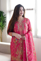 Satin Fabric with print & work and with Dupatta Plus Size Kurti set detailed view