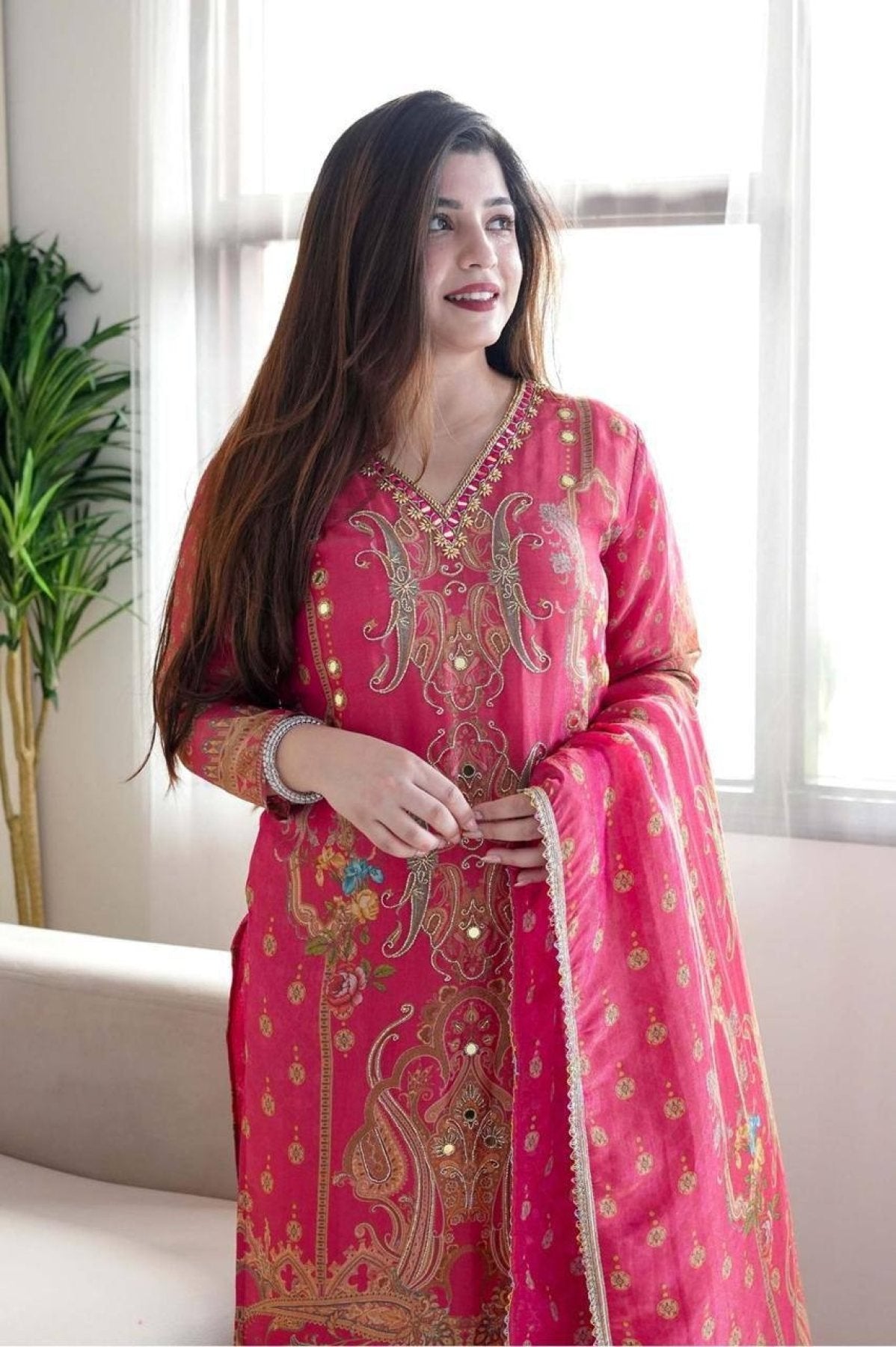 Satin Fabric with print & work and with Dupatta Plus Size Kurti set detailed view
