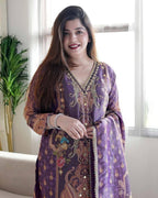 Satin Fabric with print & work and with Dupatta Plus Size Kurti set embroidery close-up