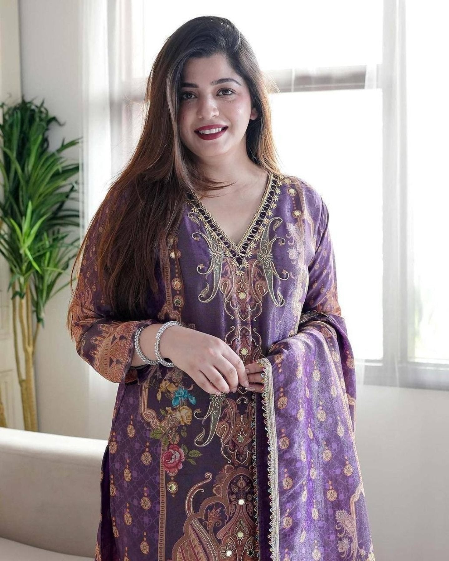Satin Fabric with print & work and with Dupatta Plus Size Kurti set embroidery close-up
