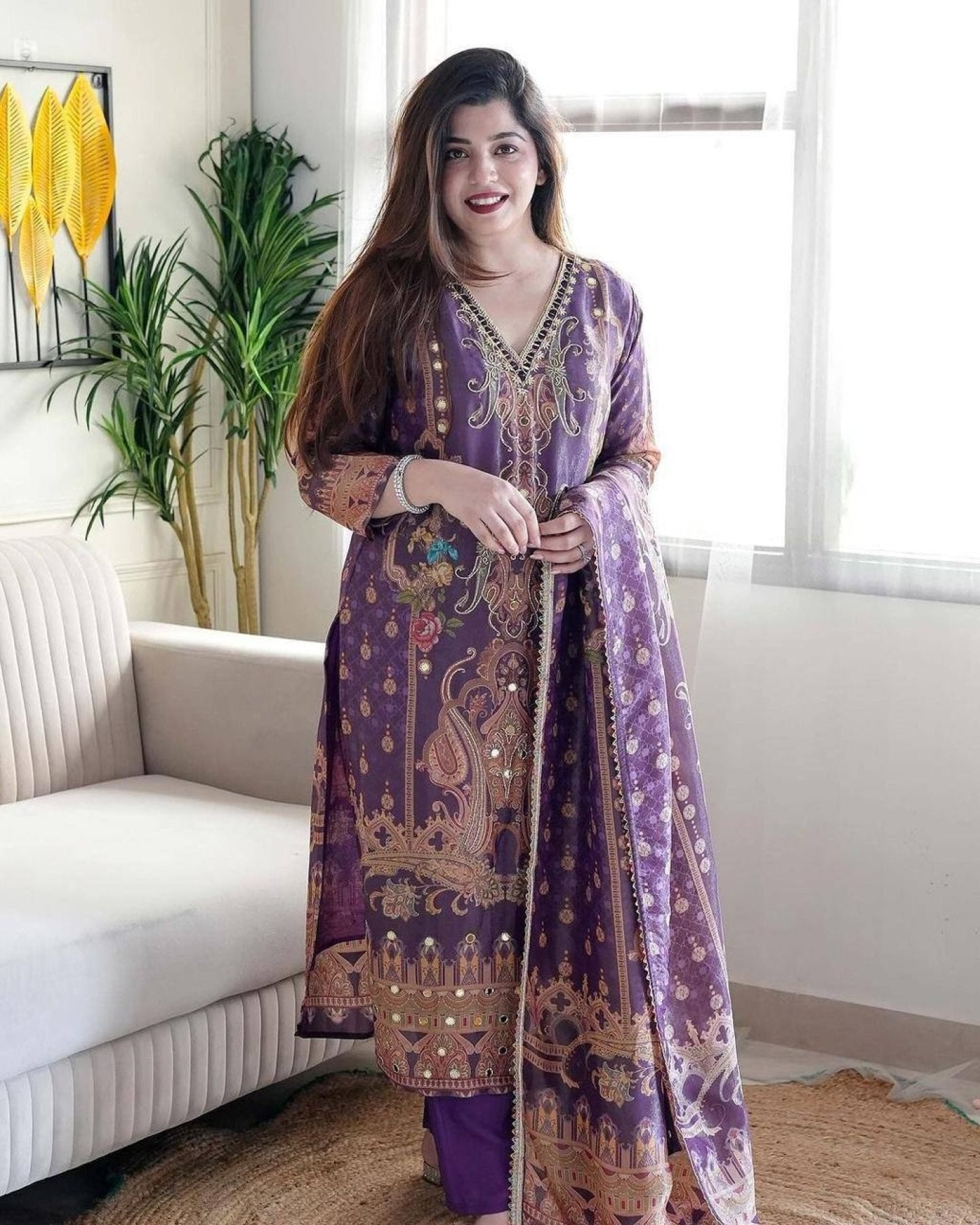 Satin Fabric with print & work and with Dupatta Plus Size Kurti set detailed view