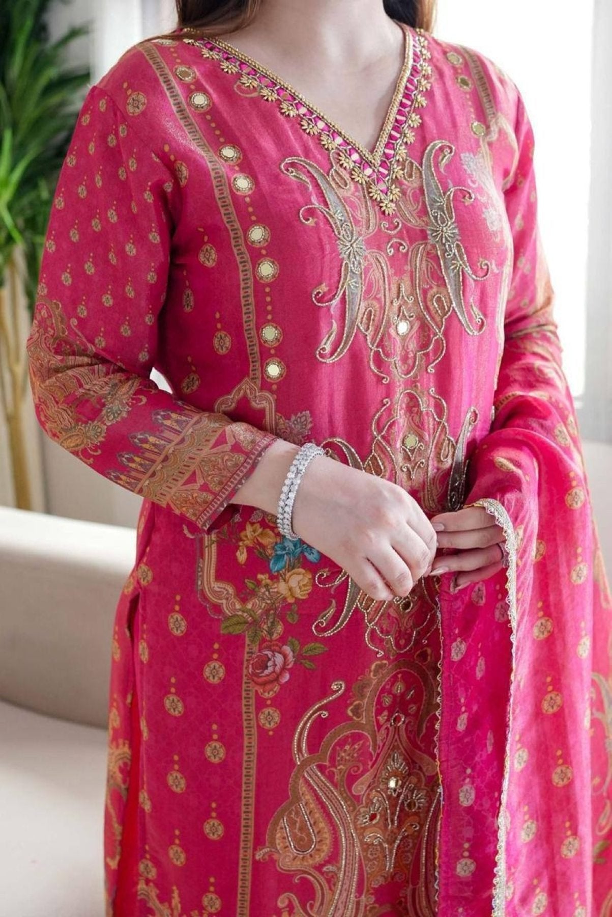 Satin Fabric with print & work and with Dupatta Plus Size Kurti set back view