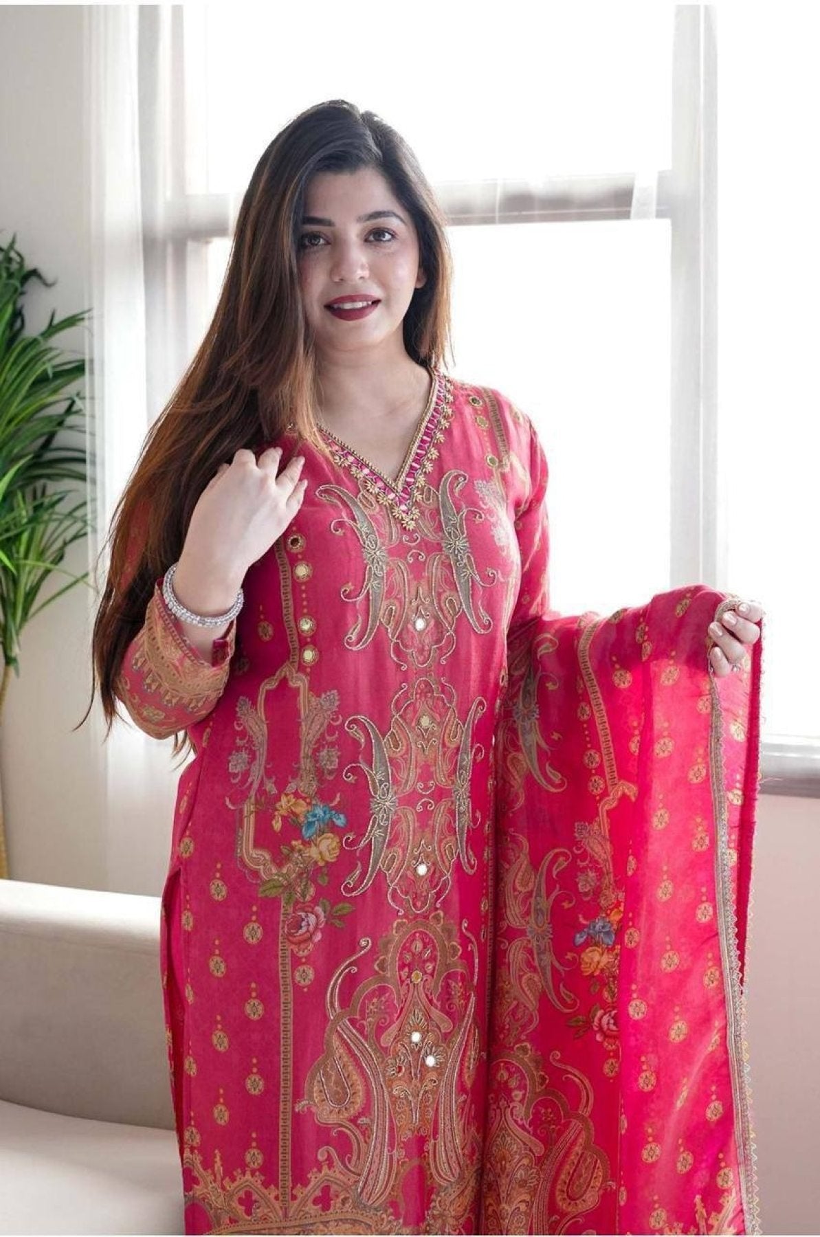 Satin Fabric with print & work and with Dupatta Plus Size Kurti set styling view