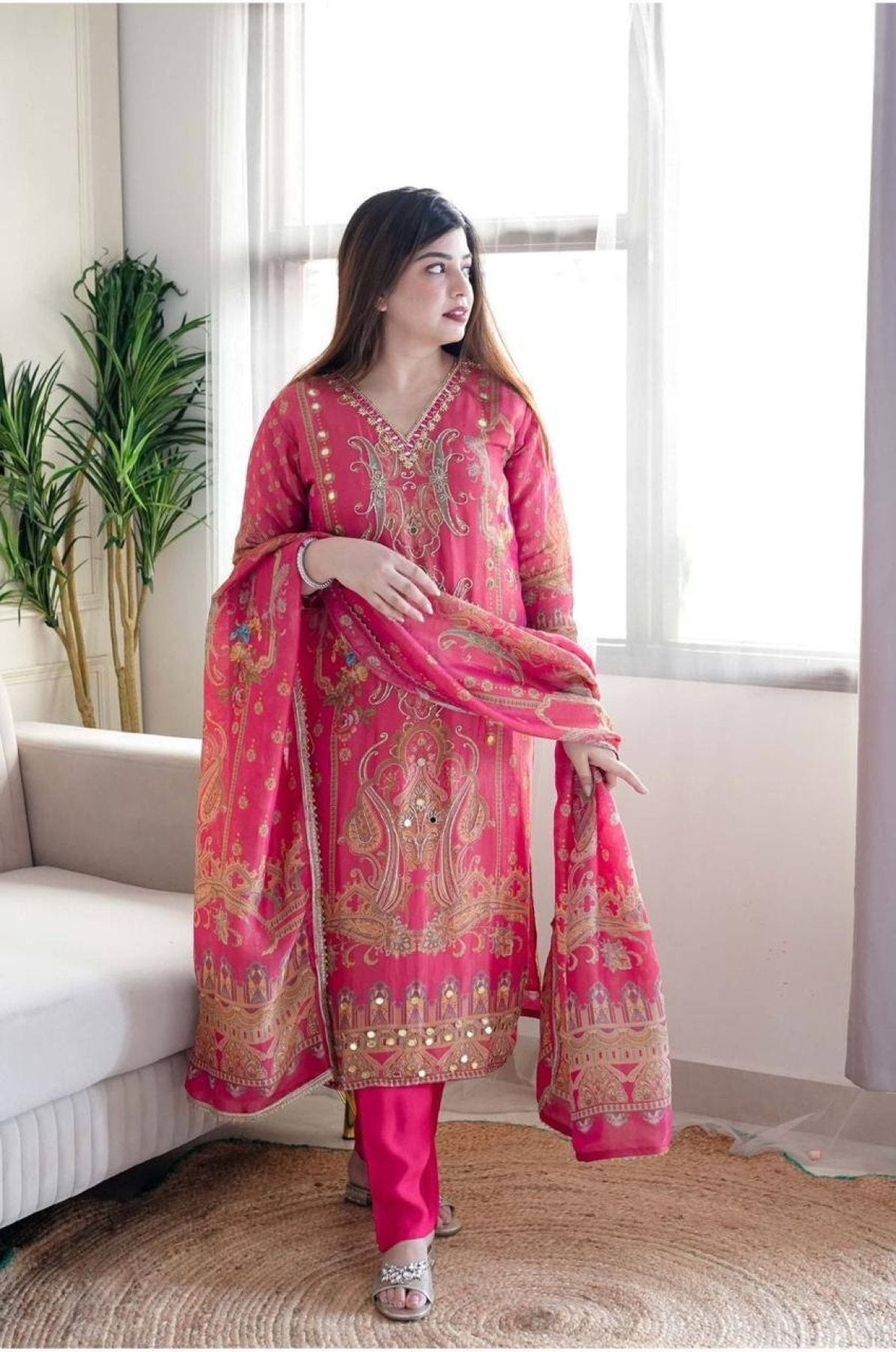Satin Fabric with print & work and with Dupatta Plus Size Kurti set front view