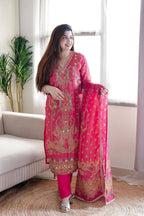 Satin Fabric with print & work and with Dupatta Plus Size Kurti set full set view