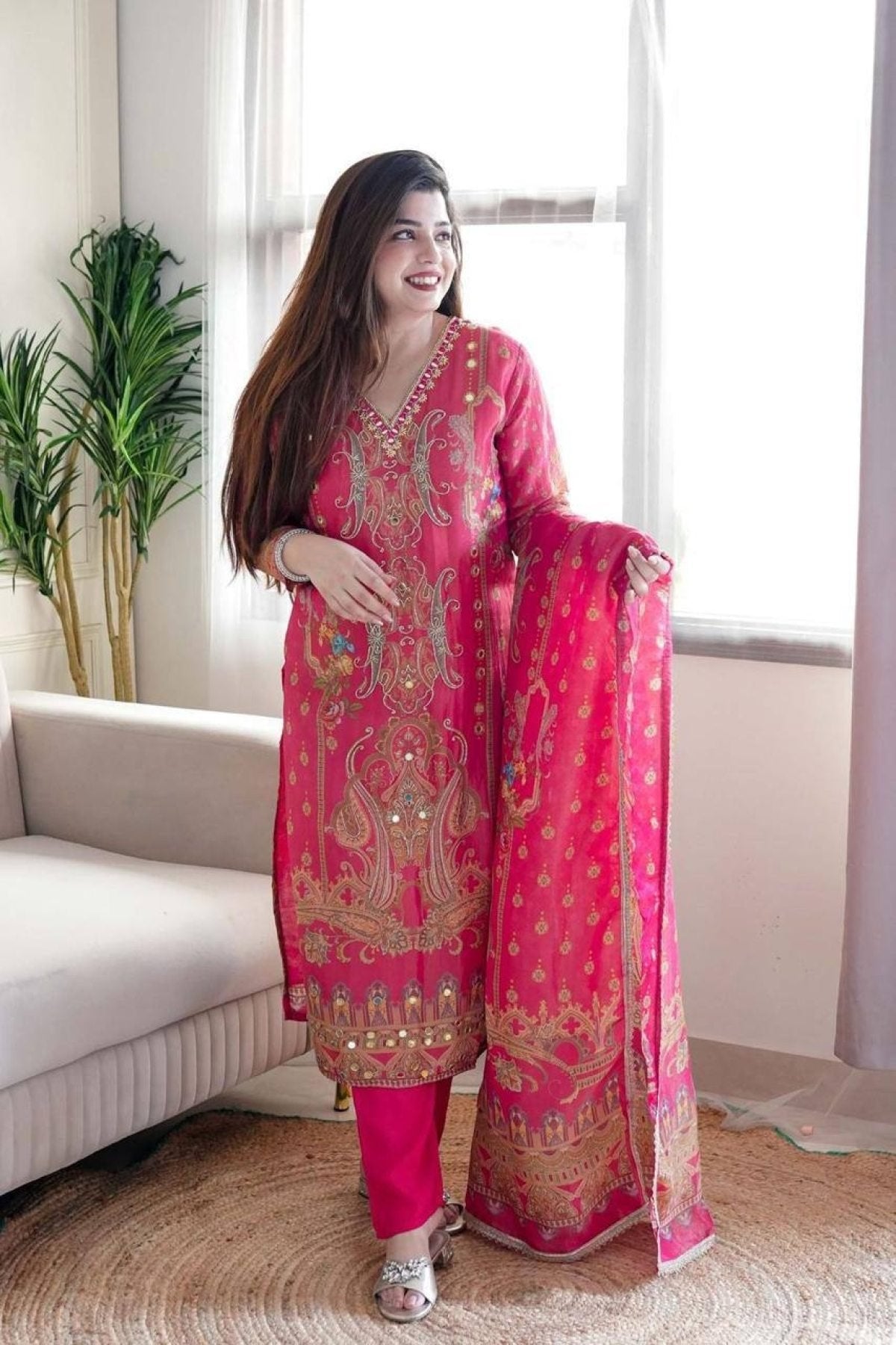 Satin Fabric with print & work and with Dupatta Plus Size Kurti set full set view