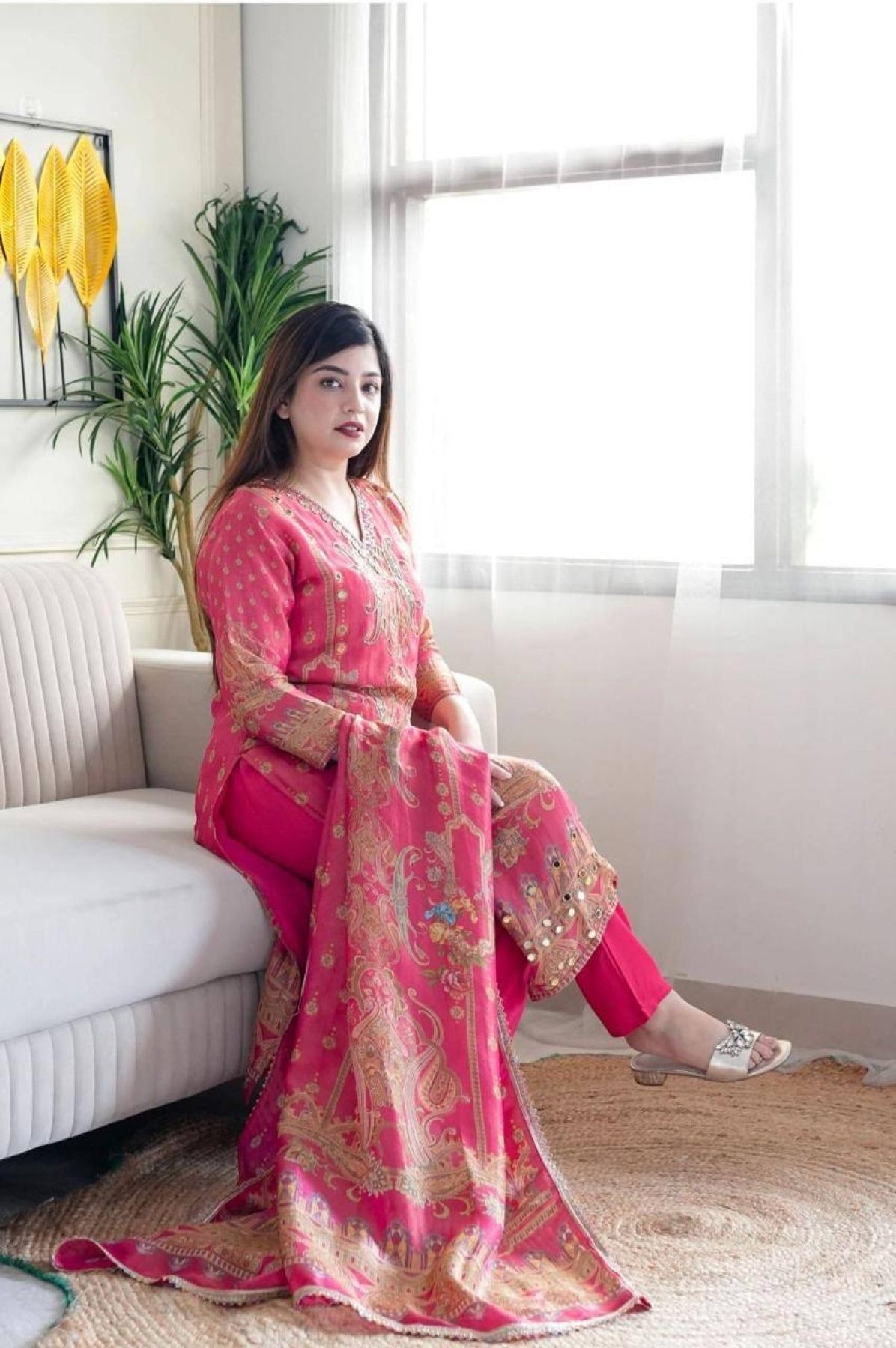 Satin Fabric with print & work and with Dupatta Plus Size Kurti set detailed view