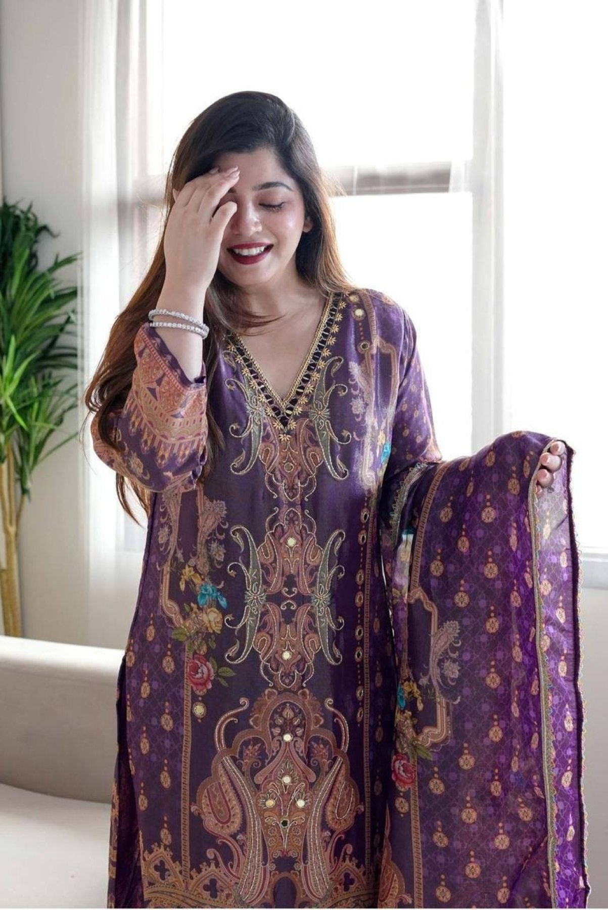 Satin Fabric with print & work and with Dupatta Plus Size Kurti set embroidery close-up