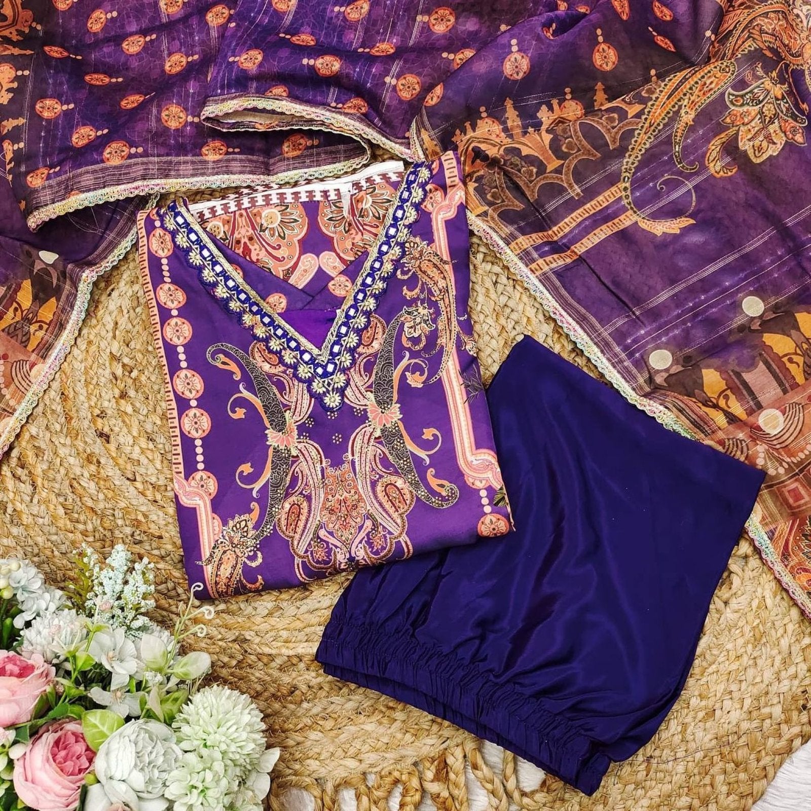 Satin Fabric with print & work and with Dupatta Plus Size Kurti set detailed view