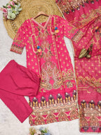 Satin Fabric with print & work and with Dupatta Plus Size Kurti set embroidery close-up