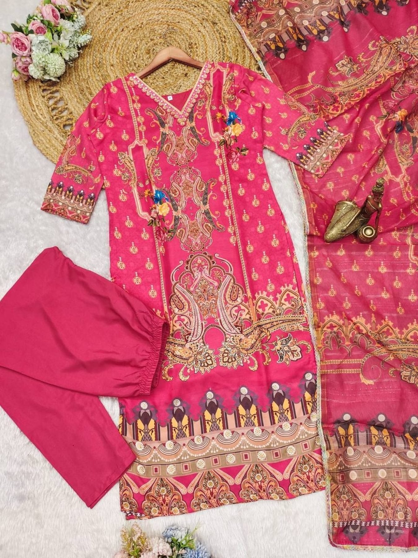 Satin Fabric with print & work and with Dupatta Plus Size Kurti set embroidery close-up