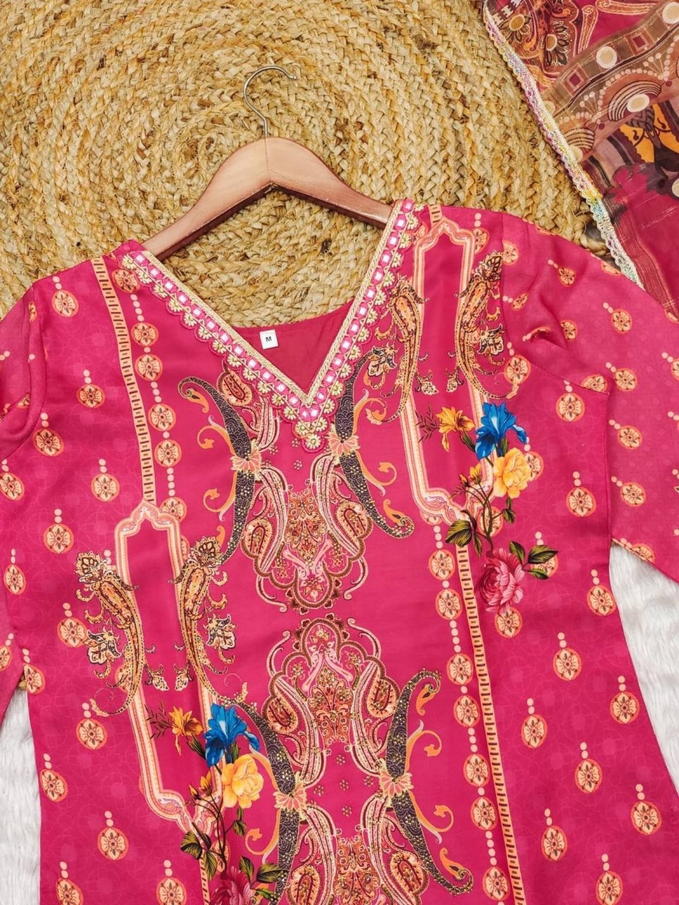 Satin Fabric with print & work and with Dupatta Plus Size Kurti set detailed view