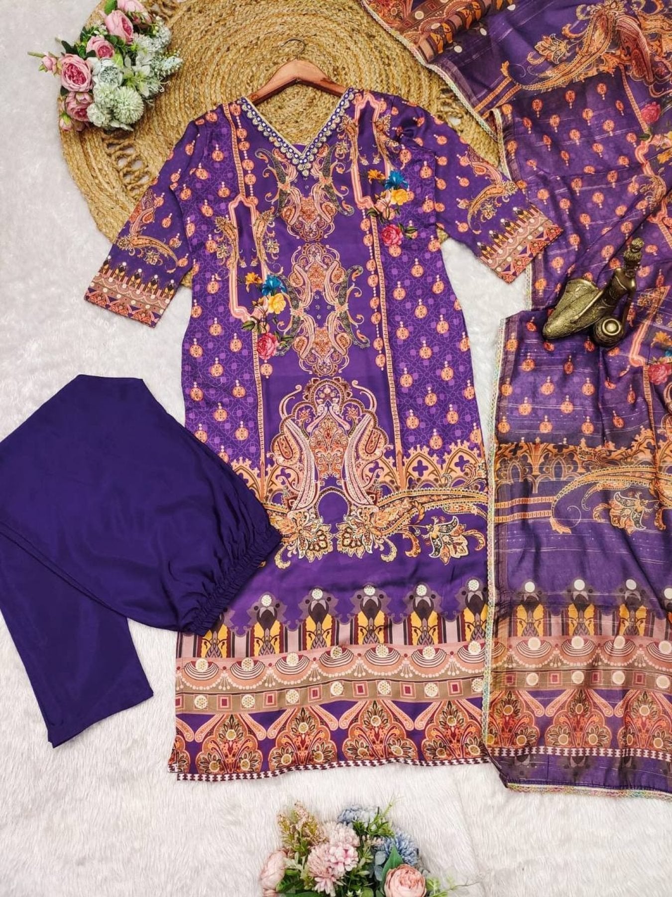 Satin Fabric with print & work and with Dupatta Plus Size Kurti set styling view
